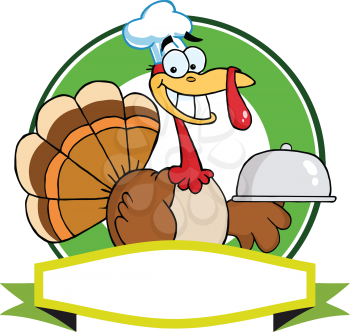 Royalty Free Clipart Image of a Turkey With a Domed Plate Over a Banner