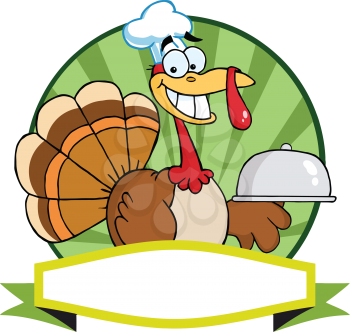 Royalty Free Clipart Image of a Turkey With a Domed Plate Over a Banner