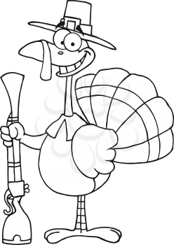 Royalty Free Clipart Image of a Turkey in a Pilgrim Hat Holding a Musket