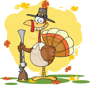 Royalty Free Clipart Image of a Turkey in a Pilgrim's Hat With a Musket