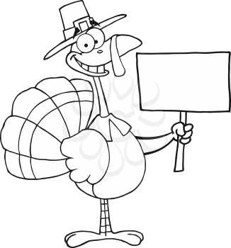 Royalty Free Clipart Image of a Turkey in a Pilgrim Hat Holding a Sign