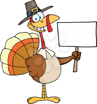 Royalty Free Clipart Image of a Turkey in a Pilgrim's Hat With a Blank Sign