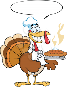 Royalty Free Clipart Image of a Happy Turkey With a Pie and a Speech Bubble