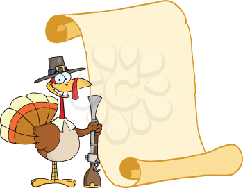 Royalty Free Clipart Image of a Turkey in a Pilgrim Hat With a Scroll and Musket