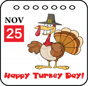 Royalty Free Clipart Image of a Smiling Pilgrim Turkey on a Nov. 25 Calendar
