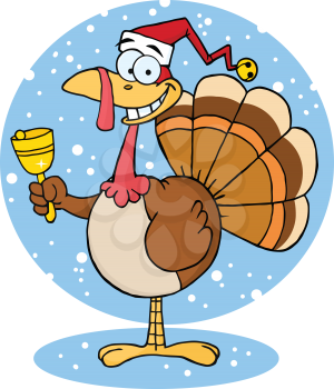 Royalty Free Clipart Image of a Turkey in a Santa Hat Ringing a Bell