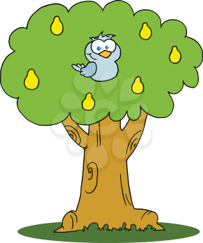 Royalty Free Clipart Image of a Bird in a Pear Tree
