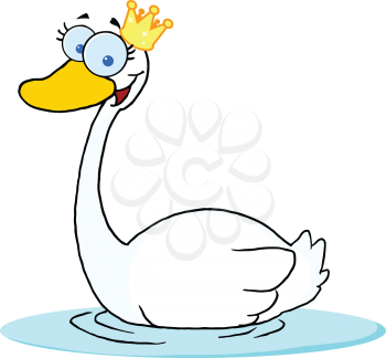 Royalty Free Clipart Image of a Swimming Swan Wearing a Crown