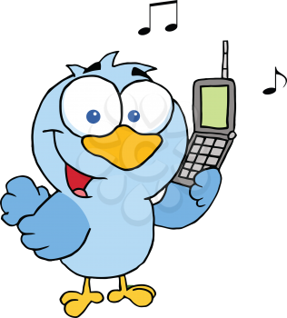 Royalty Free Clipart Image of a Blue Bird With a Cellphone
