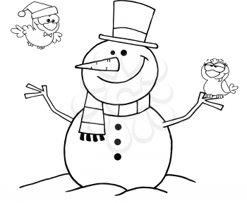 Royalty Free Clipart Image of a Snowman With Birds