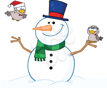 Royalty Free Clipart Image of a Snowman and Birds