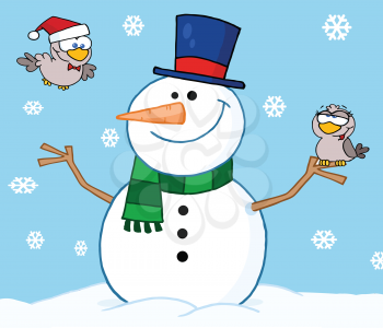 Royalty Free Clipart Image of a Snowman With Cute Birds