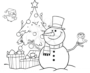 Royalty Free Clipart Image of a Snowman by a Tree With Birds