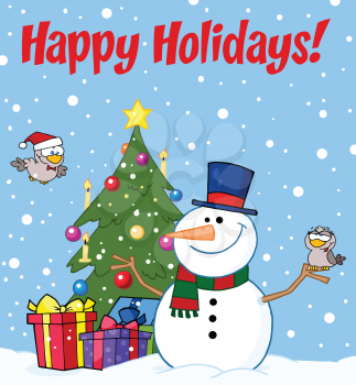 Royalty Free Clipart Image of a Christmas Greeting With a Snowman and Tree