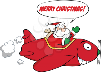Royalty Free Clipart Image of Santa in an Airplane Saying Merry Christmas
