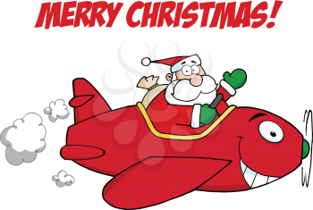 Royalty Free Clipart Image of a Merry Christmas Greeting With Santa in a Plane