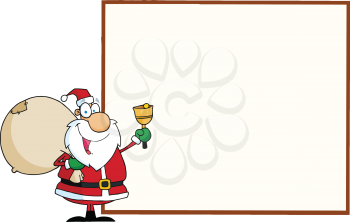 Royalty Free Clipart Image of Santa Ringing a Bell Beside a Blank Sign