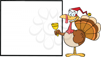 Royalty Free Clipart Image of a Turkey Ringing a Bell Beside a Blank Sign