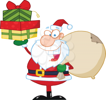 Royalty Free Clipart Image of Santa Holding Gifts in the Air