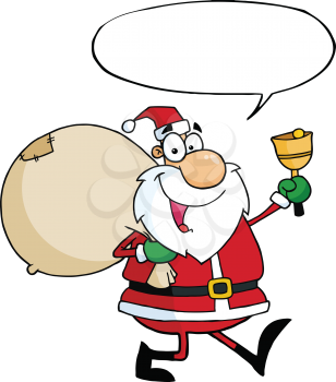 Royalty Free Clipart Image of Santa With a Speech Bubble Waving a Bell