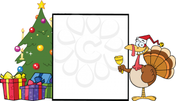 Royalty Free Clipart Image of a Turkey With a Blank Sign Beside a Christmas Tree