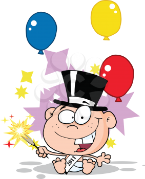 Royalty Free Clipart Image of a New Year's Baby With Balloons and Fireworks