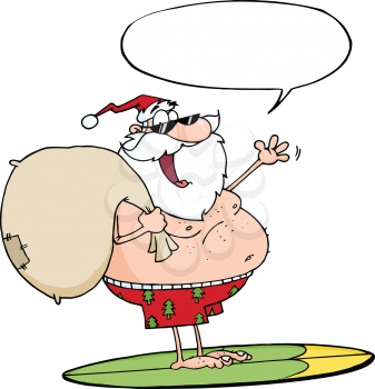 Royalty Free Clipart Image of a Surfing Santa With a Conversation Bubble