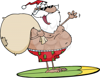 Royalty Free Clipart Image of an African American Santa on a Surfboard