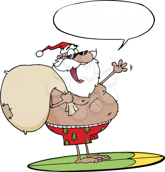 Royalty Free Clipart Image of a Black Santa on a Surfboard With a Conversation Bubble