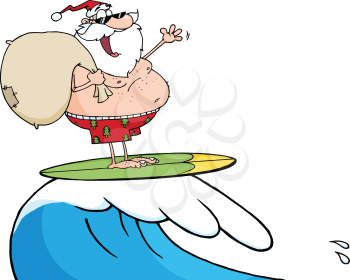 Royalty Free Clipart Image of a Surfing Santa