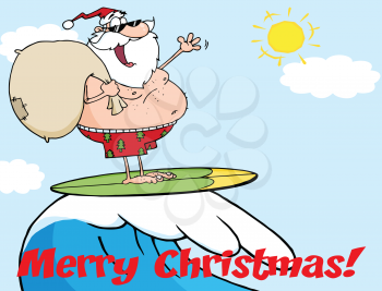 Royalty Free Clipart Image of Santa Surfing on a Merry Christmas Greeting Card