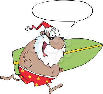 Royalty Free Clipart Image of Santa Running With a Surfboard