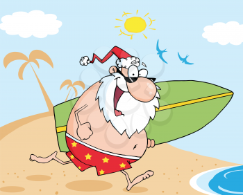 Royalty Free Clipart Image of a Santa Running to the Water With a Surfboard