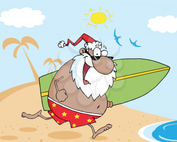 Royalty Free Clipart Image of an African American Santa Going Surfing