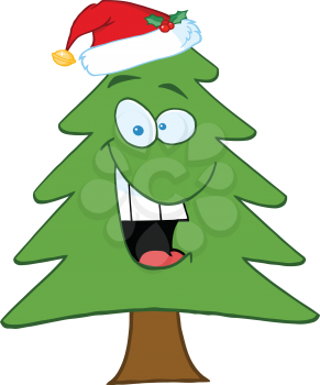 Royalty Free Clipart Image of a Christmas Tree in a Santa Hat