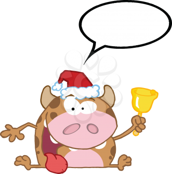 Royalty Free Clipart Image of a Festive Bull Ringing a Bell With a Speech Bubble