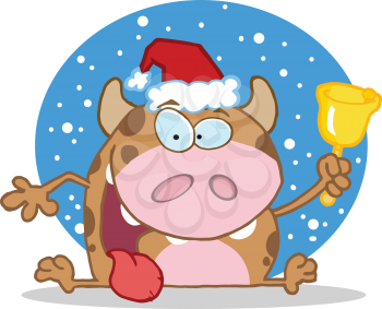 Royalty Free Clipart Image of a Happy Calf in a Santa Hat Ringing a Bell