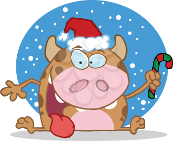 Royalty Free Clipart Image of a Calf With a Candy Cane Wearing a Santa Hat
