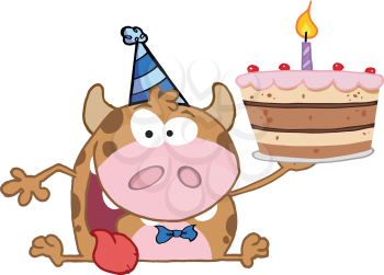 Royalty Free Clipart Image of a Calf With a Birthday Cake