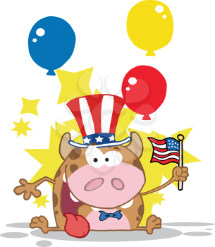 Royalty Free Clipart Image of a Bull Waving an American Flag With Stars and Balloons in the Background