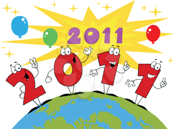 Royalty Free Clipart Image of 2011 on Top of the World With Balloons