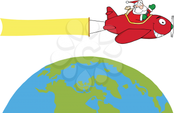 Royalty Free Clipart Image of Santa in a Plane With a Banner Above the World