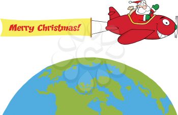 Royalty Free Clipart Image of Santa in a Plane Above the World With a Merry Christmas Banner