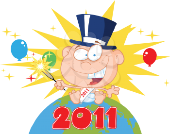 Royalty Free Clipart Image of a New Year's Baby on the World