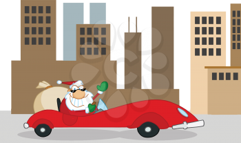 Royalty Free Clipart Image of Santa Delivering Presents in a Car