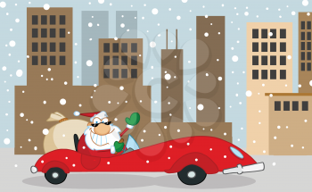 Royalty Free Clipart Image of Santa Waving in a Sports Car