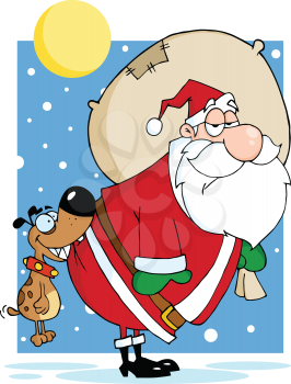 Royalty Free Clipart Image of a Dog Biting Santa's Bottom at Night