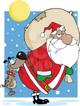Royalty Free Clipart Image of a Dog Biting Santa's Bottom Outside at Night