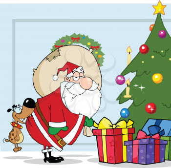 Royalty Free Clipart Image of Santa Delivering Presents and a Dog Biting His Bottom