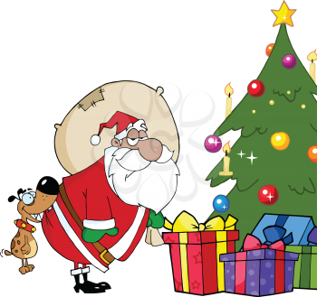 Royalty Free Clipart Image of Santa Delivering Presents and Dog Biting His Bottom